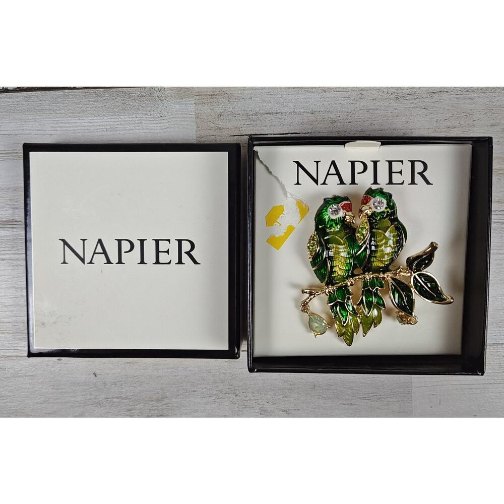 NAPIER VTG Inspired Goldtone Crystal Green Enamel Parrots On Branch Brooch NIB